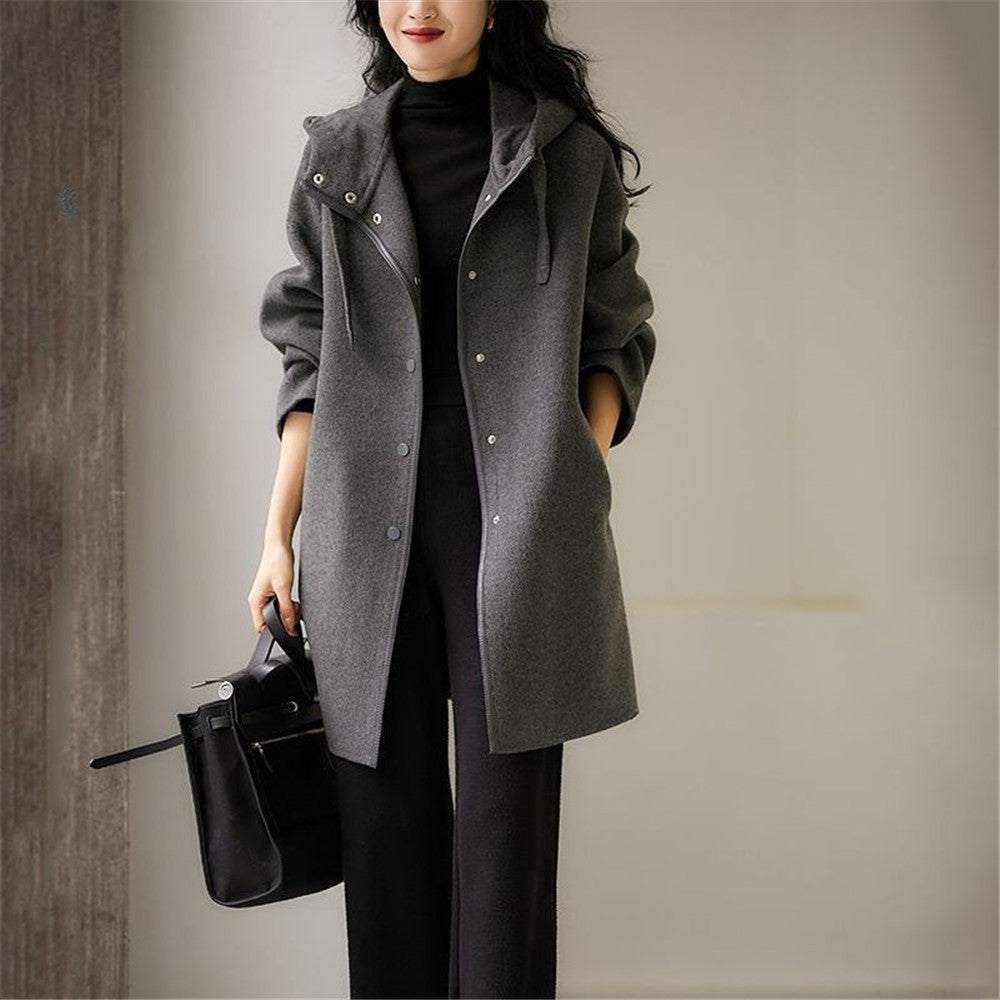 Damen nan midilanger Wollmixmantel mit Kapuze und Druckknopfleiste im Oversize-Schnitt Drune