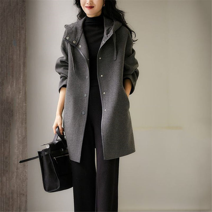 Damen nan midilanger Wollmixmantel mit Kapuze und Druckknopfleiste im Oversize-Schnitt Drune