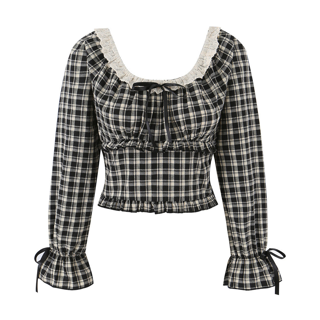 Damen Karierte Cropped-Bluse mit eckigem Ausschnitt, Spitzenbesatz und geraffter Taille Drune