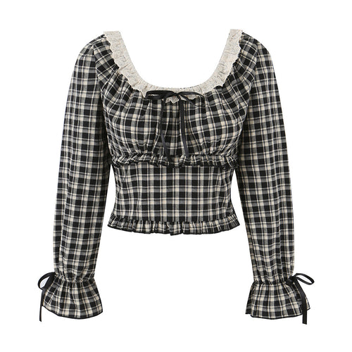 Damen Karierte Cropped-Bluse mit eckigem Ausschnitt, Spitzenbesatz und geraffter Taille Drune