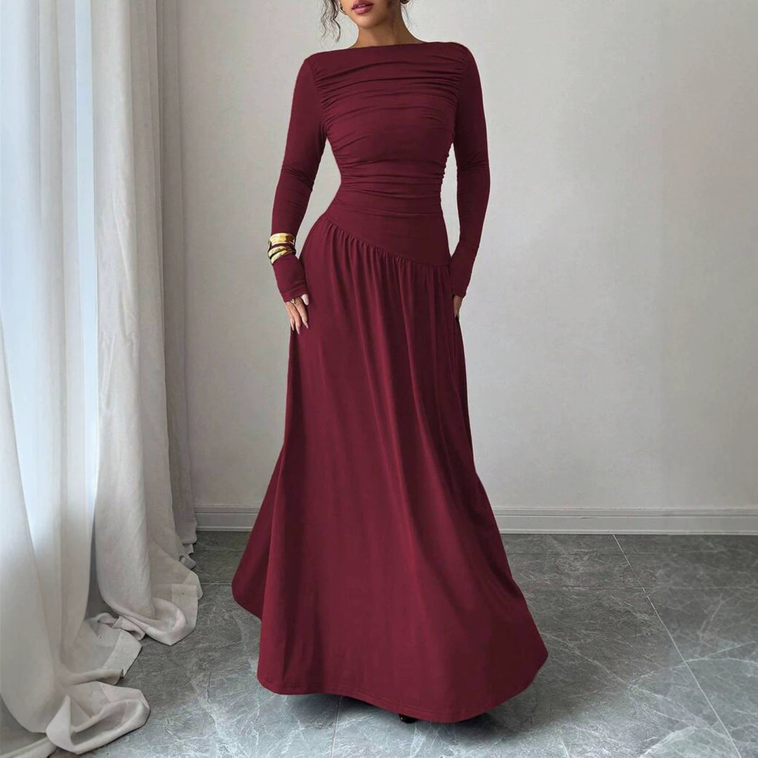 Damen Maxikleid mit gerafftem Oberteil, tailliertem Bund und Langarm Drune