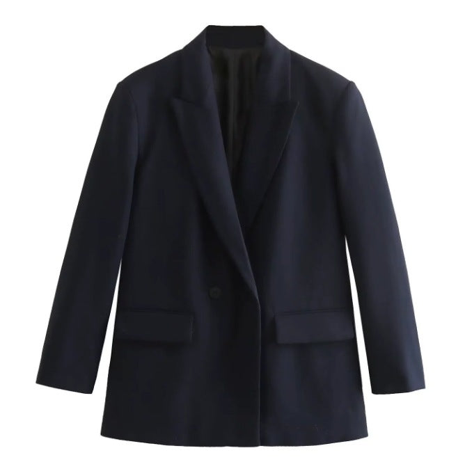 Damen 100+ geradliniger Longline Blazer mit Reverskragen, doppelreihiger Optik und Pattentaschen Drune