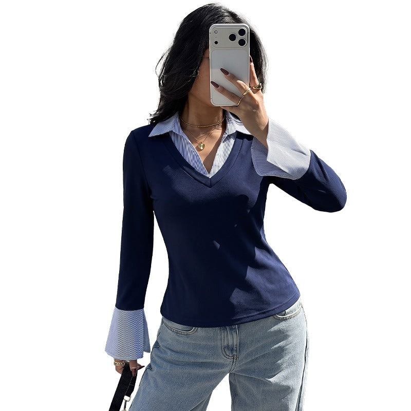 Damen Elegantes Longsleeve-Oberteil mit Hemdkragen Drune