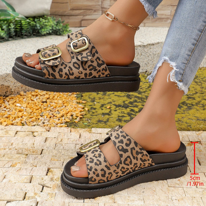 Damen modische Plateausandalen mit doppeltem Schnallenverschluss und Leopardenmuster Drune