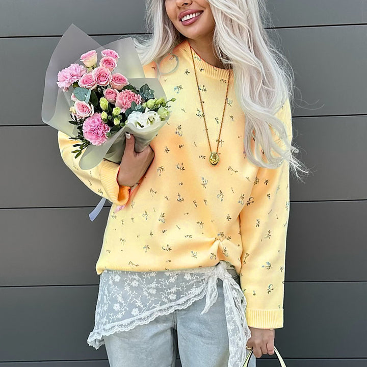 Damen Komfortabler und eleganter Strickpullover mit floralen Details Drune