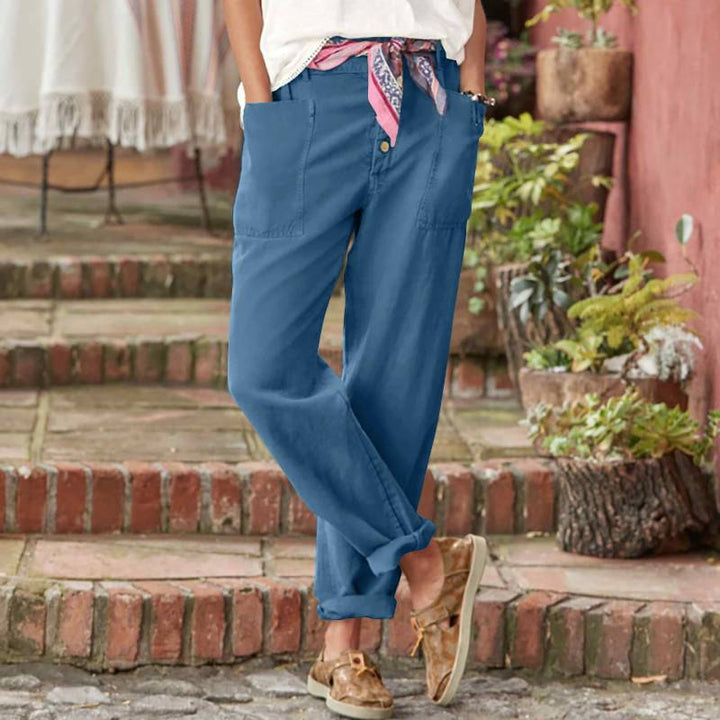 Damen nan Leinen-Baumwoll-Loungehose mit weitem Schnitt, hoher Bund und aufgesetzten Taschen Drune
