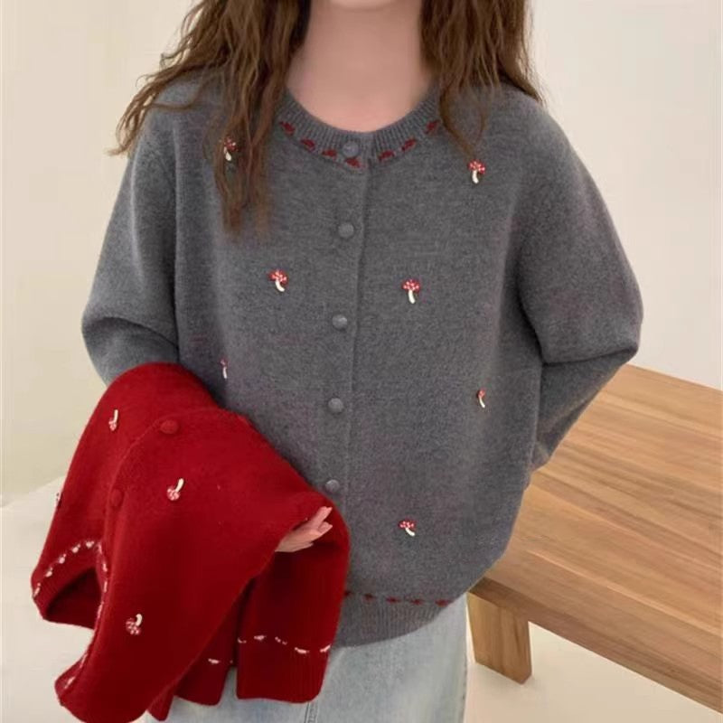 Damen Strickjacke mit floralem Stickdesign und Rundhalsausschnitt Drune