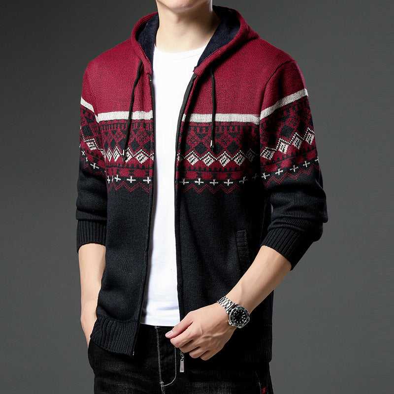 Herren Strick-Zip-Hoodie mit Norwegermuster, Kapuze und Eingrifftaschen Drune