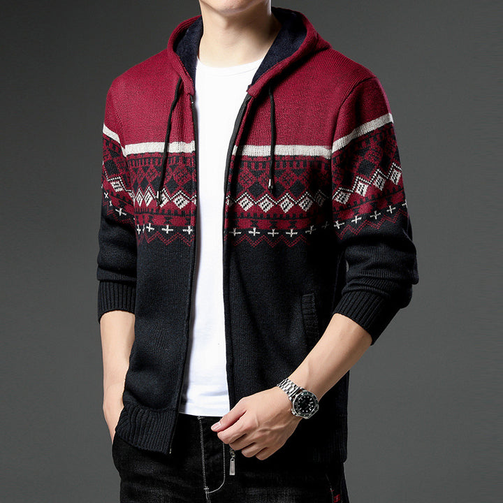 Herren Strick-Zip-Hoodie mit Norwegermuster, Kapuze und Eingrifftaschen Drune