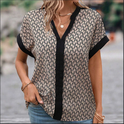 Damen nan leichte kastige Bluse in Krepp-Optik mit V-Ausschnitt und Kontrastpaspel Drune