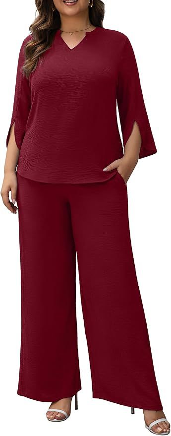 Damen Elegantes Zweiteiliges Palazzo-Set mit V‑Ausschnitt und geschlitzten 3/4‑Ärmeln Drune