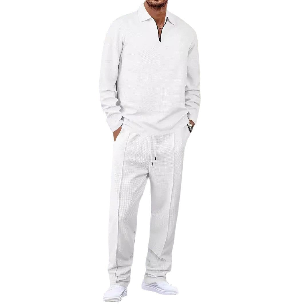 Herren nan Waffelstruktur-Wohn- und Freizeit-Set mit Halbzip-Polokragen und Kordelbund Drune