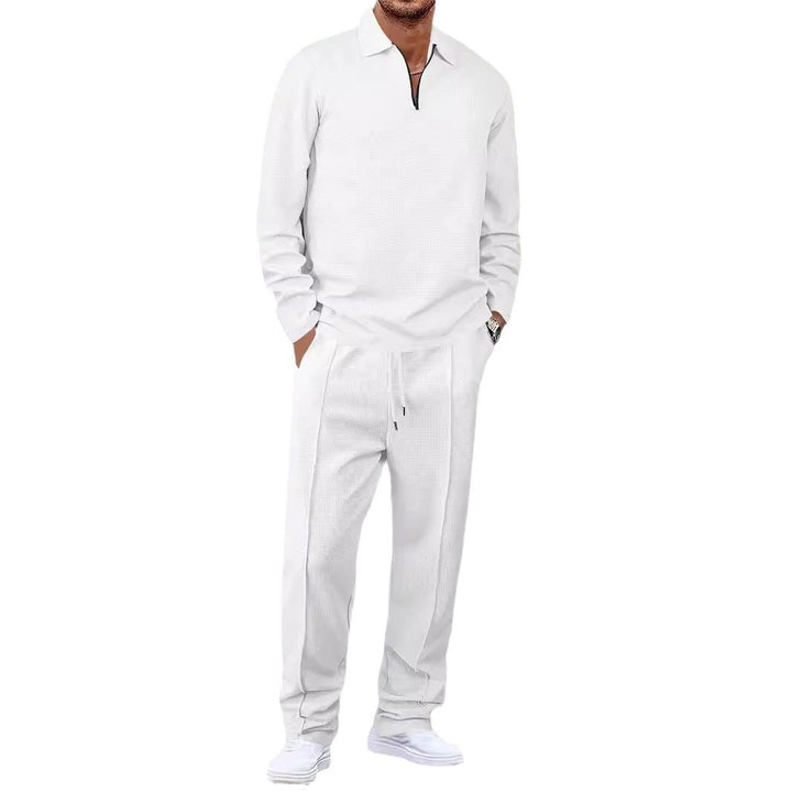 Herren nan Waffelstruktur-Wohn- und Freizeit-Set mit Halbzip-Polokragen und Kordelbund Drune