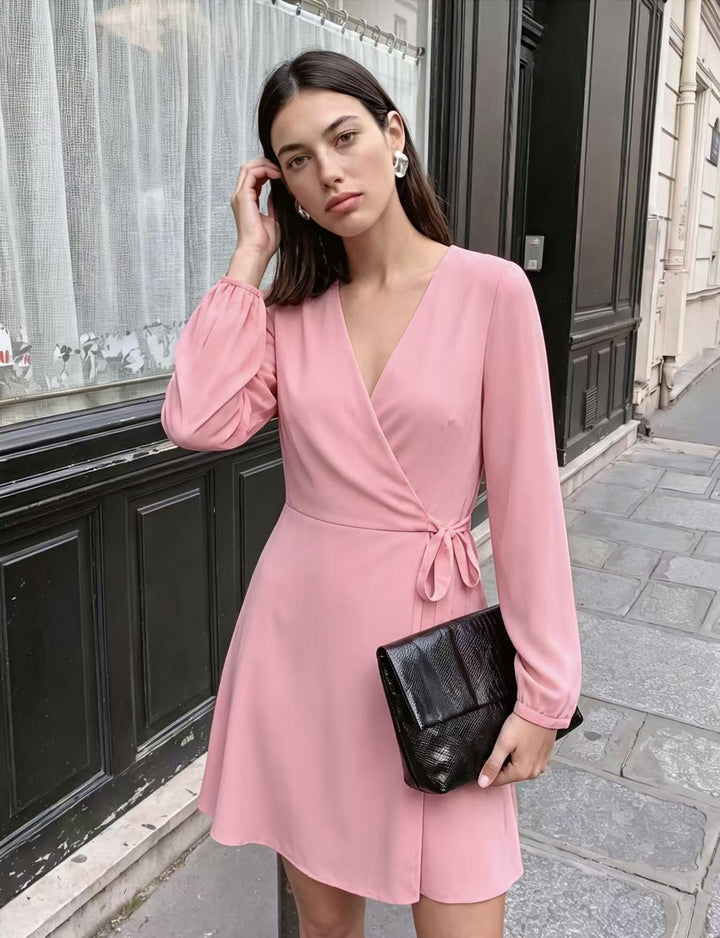 Damen Elegantes Wickel-Minikleid mit tiefem V-Ausschnitt und langen Ärmeln Drune