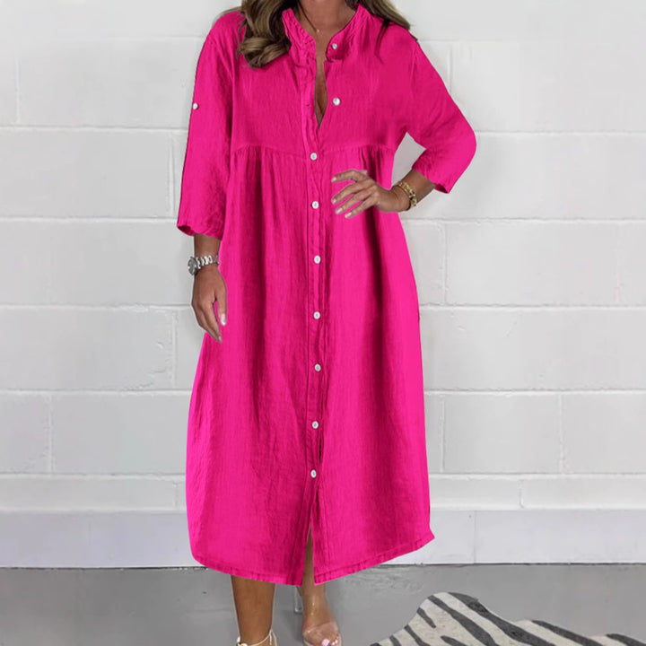 Damen Lockere Empire Midi Hemdkleid im Leinenlook mit Stehkragen und 3/4 Ärmeln Drune