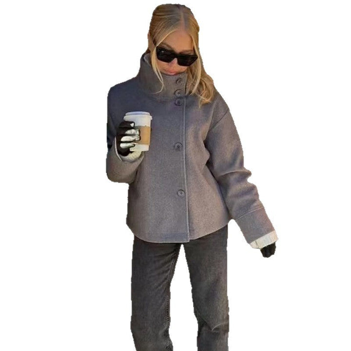 Damen Lässige Wolldecke-Jacke mit hohem Kragen und Knopfverschluss Drune