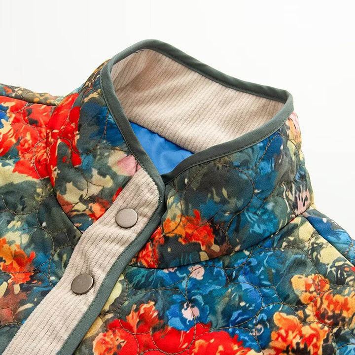 Damen gesteppte Blousonjacke mit abstraktem Blumenprint und Kontrastpaspel Drune