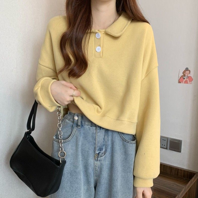 Damen Kurzarm Sweatshirt mit modischem Kragen und dekorativen Knöpfen Drune