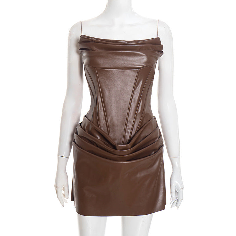 Damen Raffiniertes Minikleid aus hochwertigem Kunstleder mit drapierten Details Drune