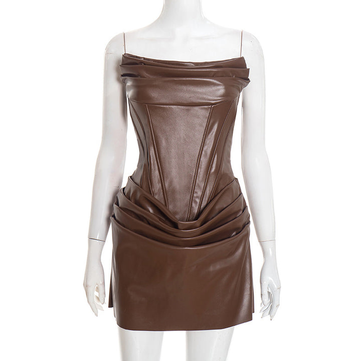 Damen Raffiniertes Minikleid aus hochwertigem Kunstleder mit drapierten Details Drune