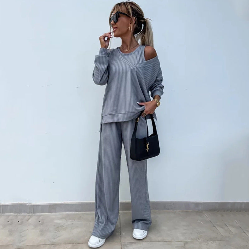 Damen lässiges Rippsweat-Lounge-Set mit Off-Shoulder-Sweatshirt und weit geschnittener High-Waist-Hose Drune