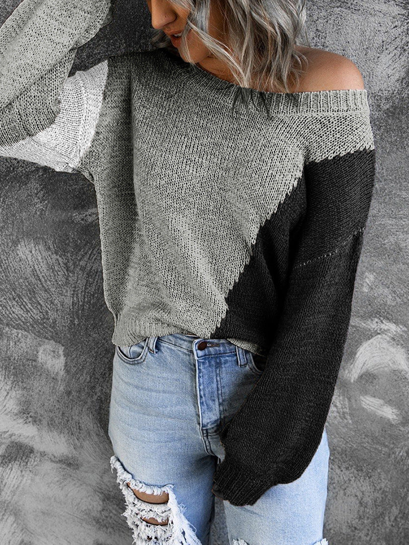 Damen Oversize Strickpullover mit Carmenausschnitt und Colorblock-Design Drune