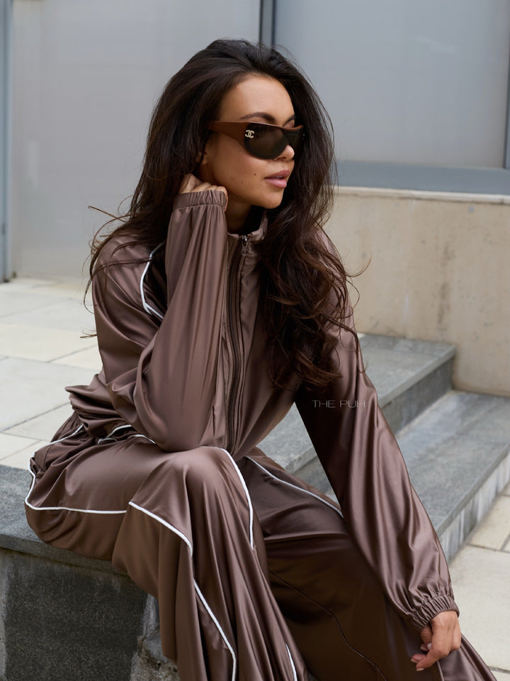 Damen Satin-Trainingsanzug mit Reißverschlussjacke und weiter Gummibund-Hose Drune
