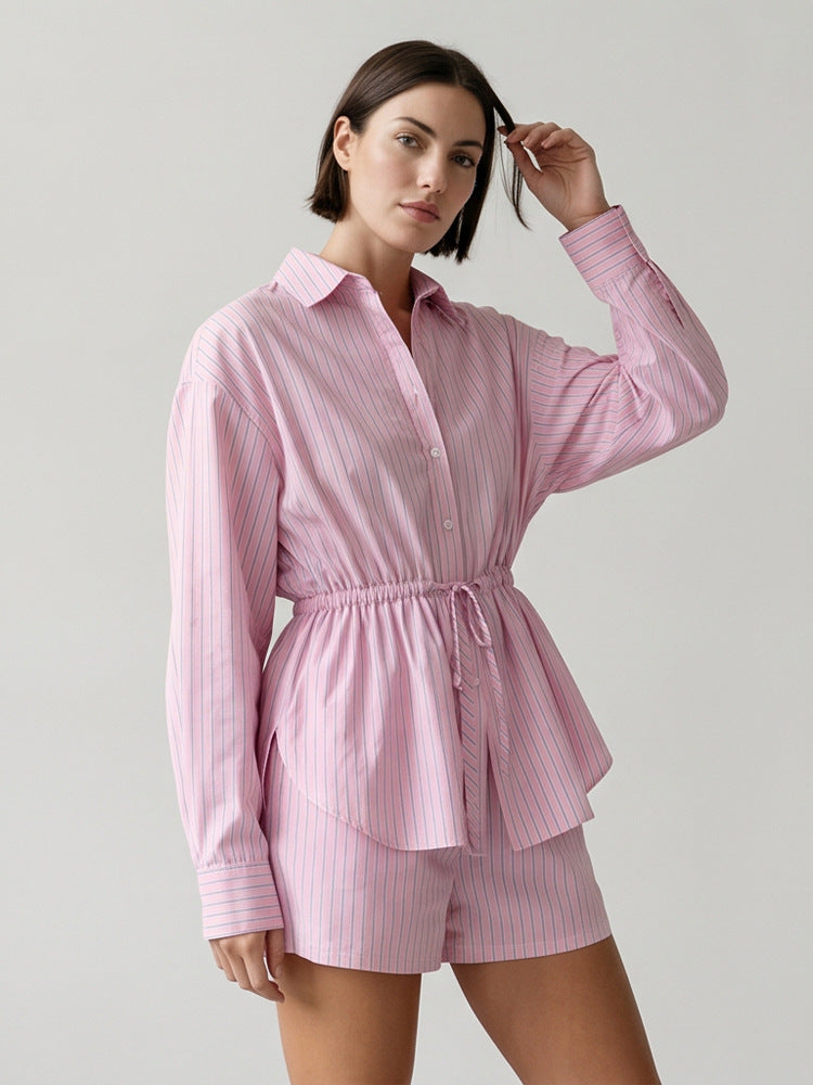 Damen Gestreiftes Loungewear-Set aus Leichtbaumwolle mit Kordel-Taille & Shorts Drune