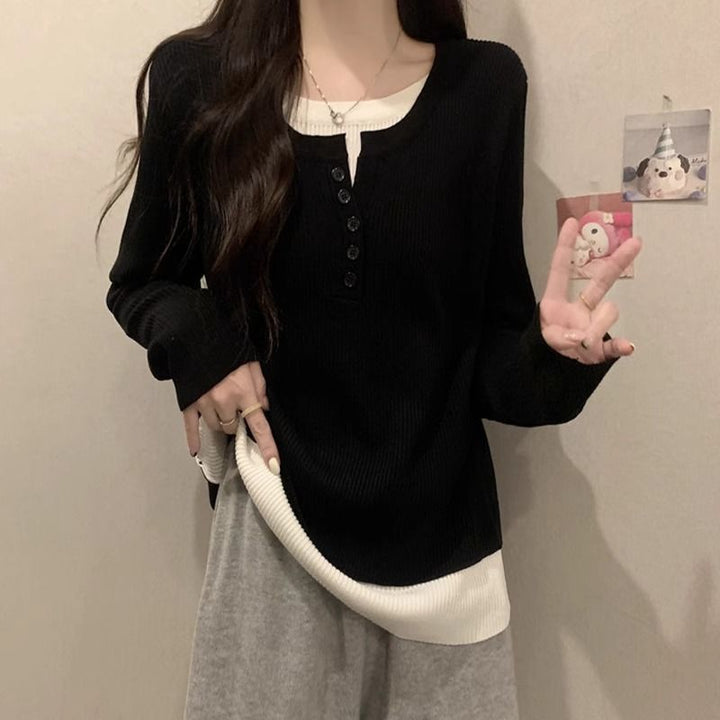 Damen modischer Langarm-Pullover mit Knopfleiste Drune