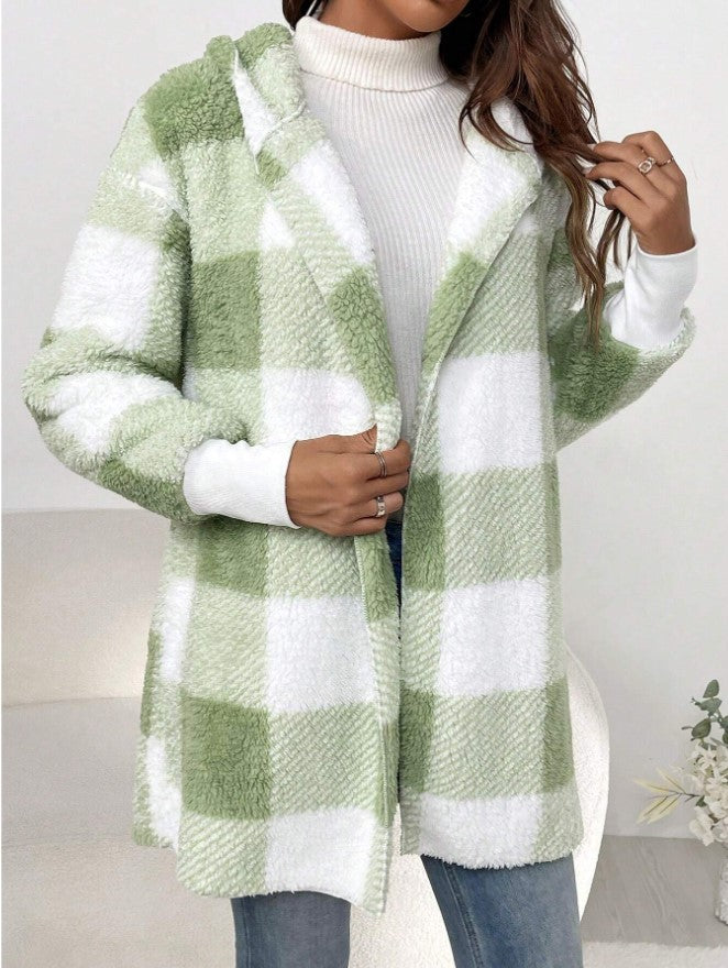 Damen nan karierter Teddy-Mantel mit großem Reverskragen und Rippbündchen Drune