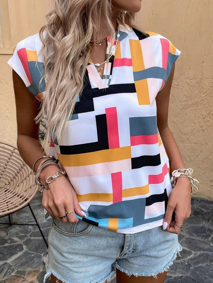 Damen Geometrische Chiffon‑Bluse mit kurzem Cap‑Ärmel und V‑Schlitz Drune