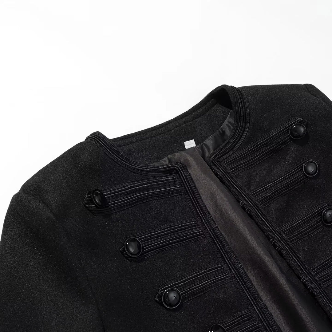Damen nan kurz geschnittene Militärblusejacke mit Rundhalsausschnitt, dekorativen Kordelbesätzen und glänzenden Kugelknöpfen Drune