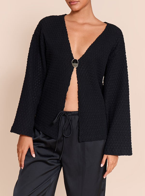 Damen Strukturierter Waffelstrick-Cardigan mit tiefem V‑Ausschnitt, Ein-Knopf-Verschluss und lässigen Oversize-Ärmeln Drune