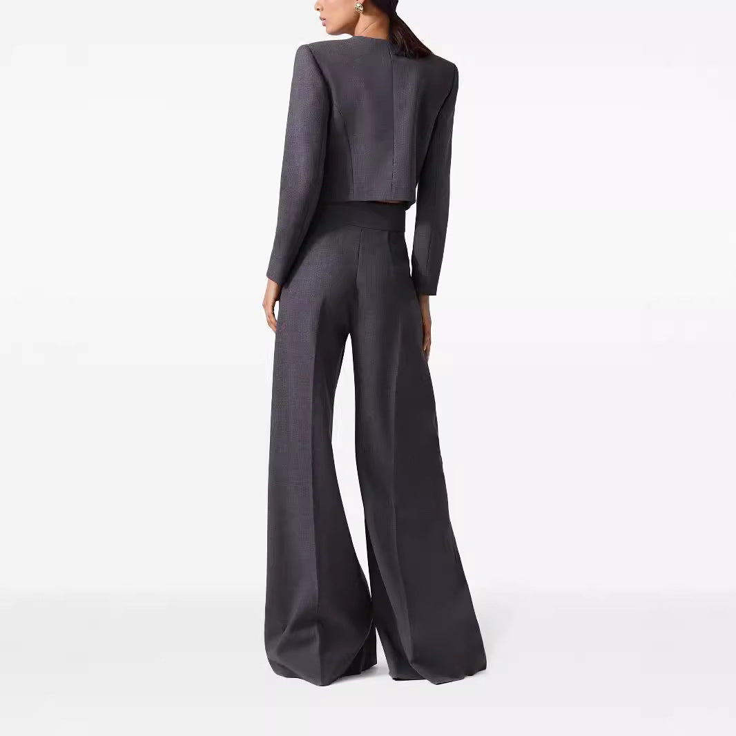 Damen Zweiteiliger Tailoring-Anzug Kurzblazer mit markanter Schulter und hochtaillierter Palazzohose Drune