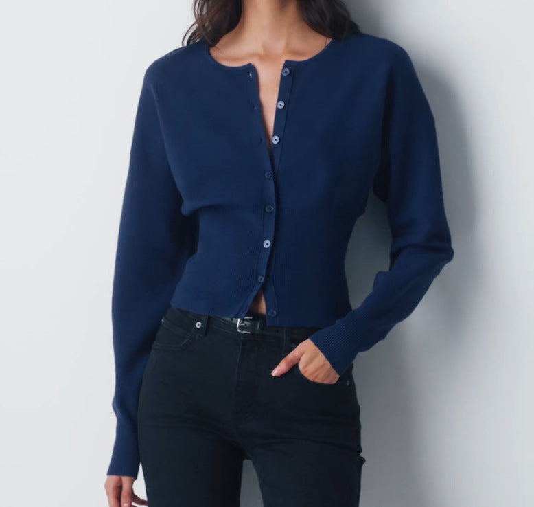 Damen Cropped Strickjacke mit Knopfleiste und Rippstrick Drune