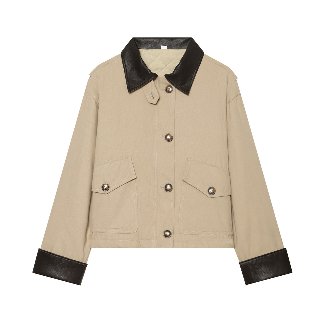 Damen Cropped Utility‑Jacke mit gesteppter Innenseite und kontrastierendem Lederkragen Drune