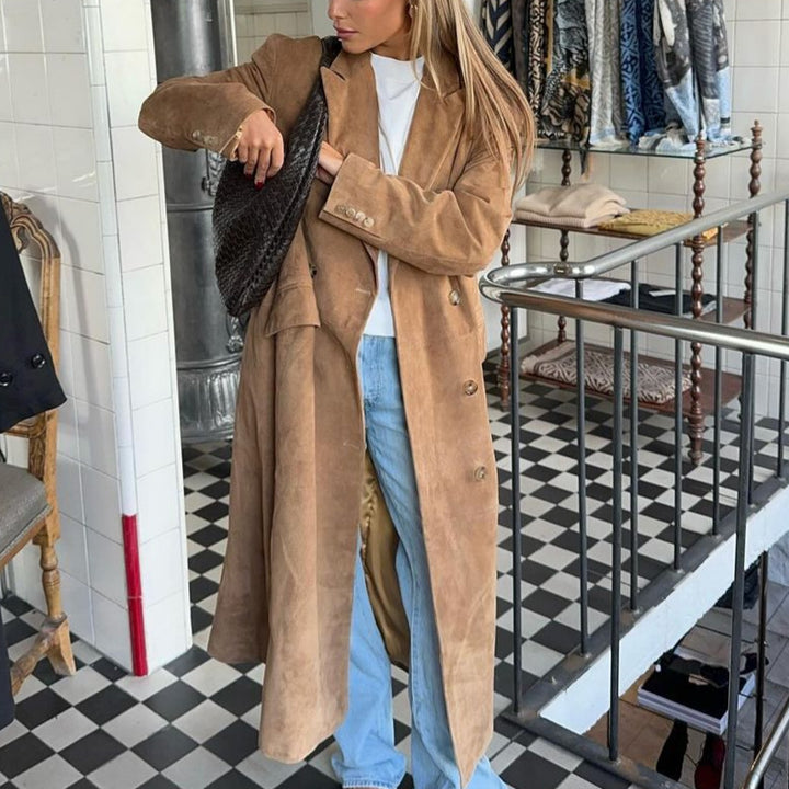 Damen Eleganter Langmantel mit doppelter Knopfleiste und praktischen Taschen Drune