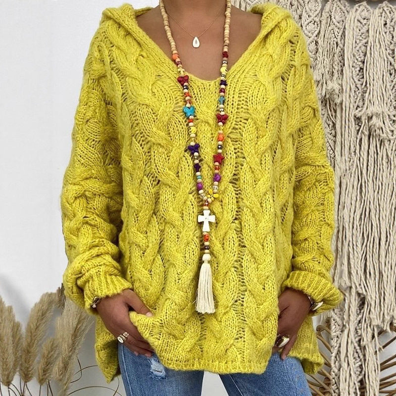 Damen Oversized Zopfmuster-Strickpullover mit Kapuze und lässigem V‑Ausschnitt Drune