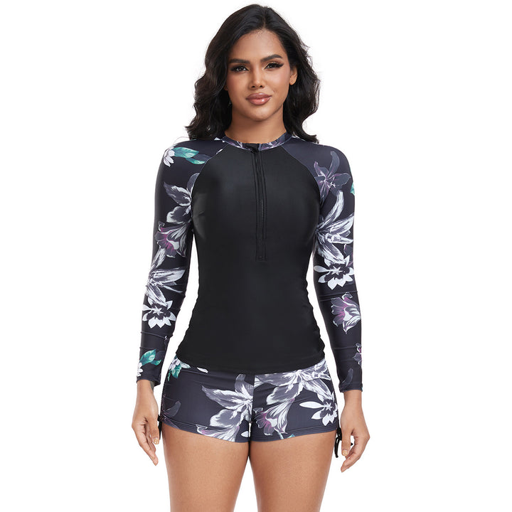 Damen UV-Schutz Rashguard mit floralem Muster und kurzen Hosen Drune