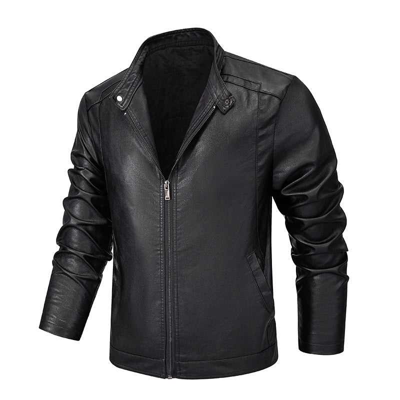 Herren Slim-Fit Kunstleder-Reißverschlussjacke mit Stehkragen und Nahtpaneelen Drune