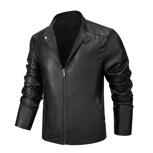 Herren Slim-Fit Kunstleder-Reißverschlussjacke mit Stehkragen und Nahtpaneelen Drune