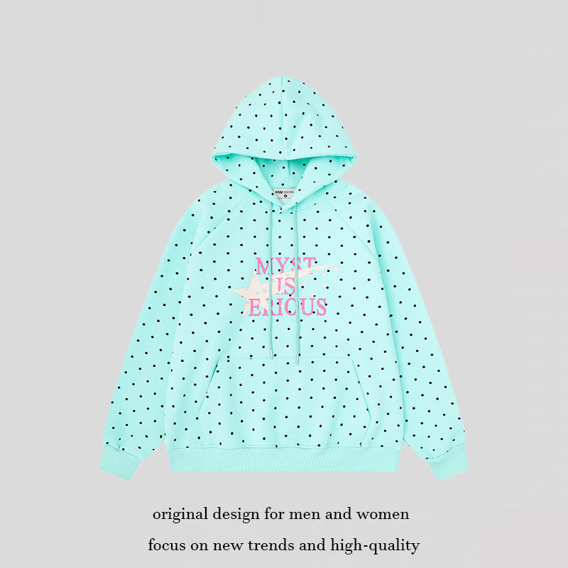 Damen Oversize-Kapuzenpullover mit Polka-Dot-Allover, Kängurutasche und Stern-Grafik Drune