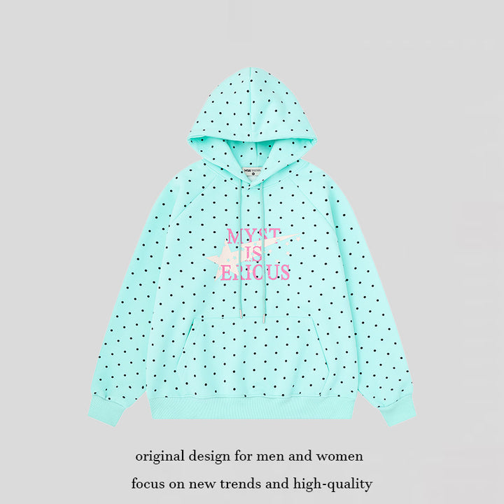 Damen Oversize-Kapuzenpullover mit Polka-Dot-Allover, Kängurutasche und Stern-Grafik Drune