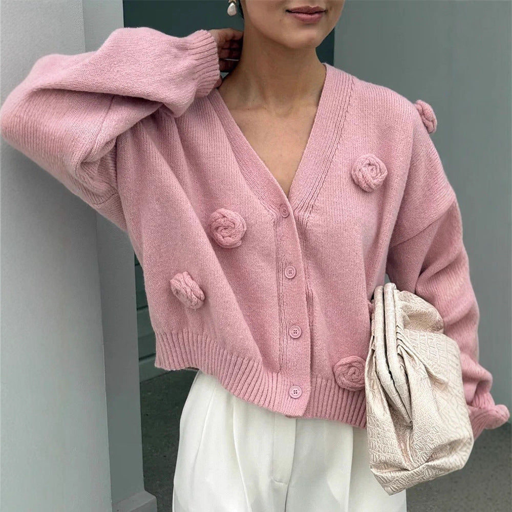 Damen Oversize-Strickcardigan mit dreidimensionalen Rosenapplikationen und V-Ausschnitt Drune