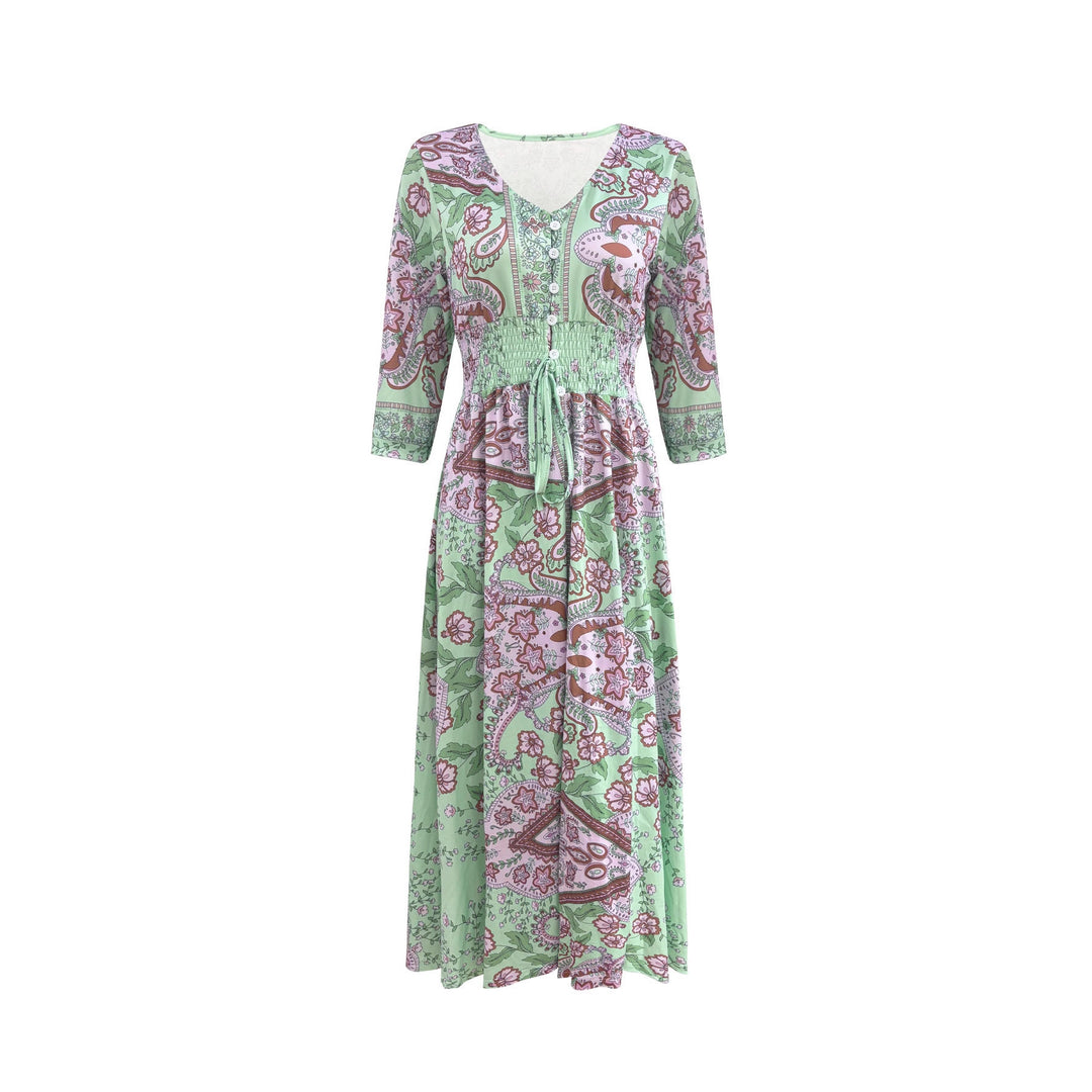 Damen Boho-Maxikleid mit V-Ausschnitt, Knopfleiste und Smokbund Drune