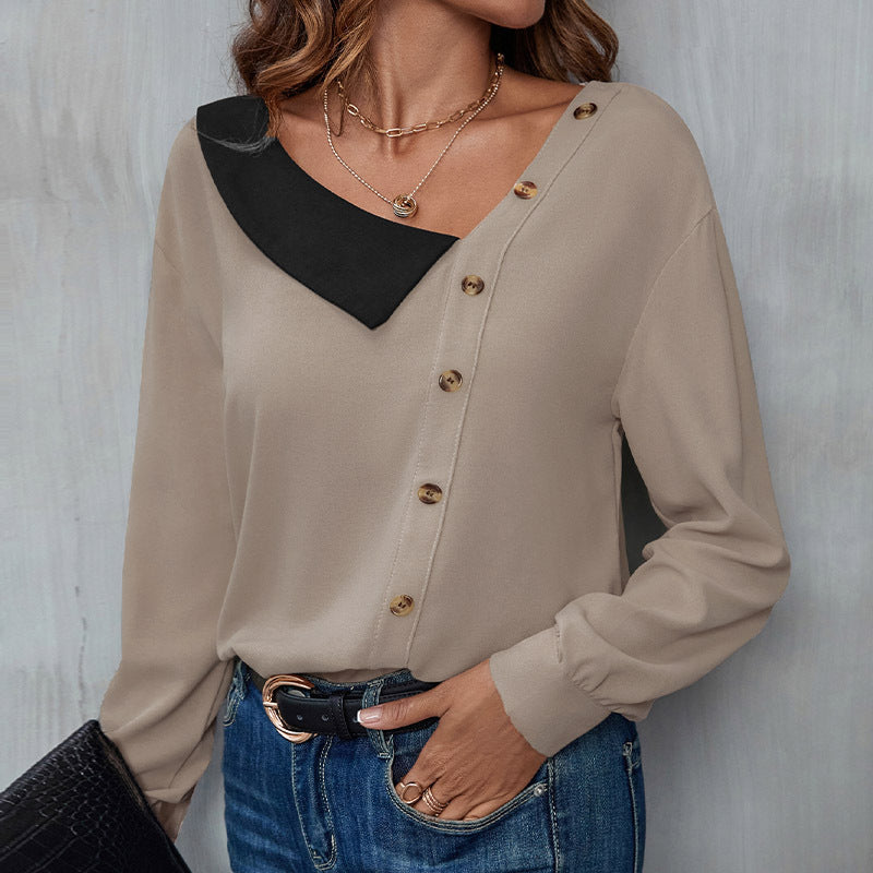 Damen Elegante Bluse mit asymmetrischem Kragen und Knopfdetails Drune