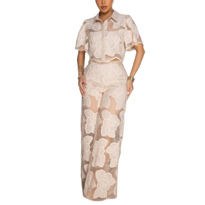 Damen nan kurzgeschnittene Hemdbluse aus floraler Netzspitze mit hochgeschnittener Weitbein-Hose Drune