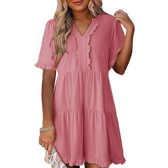 Damen nan leichtes Swingkleid mit V-Ausschnitt, gestufter Rockpartie und zarten Volants Drune