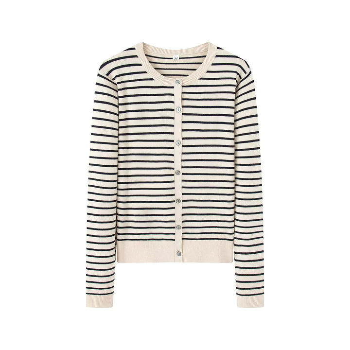 Damen nan gestreifte Feinstrick-Cardigan mit Rundhalsausschnitt und durchgehender Knopfleiste Drune