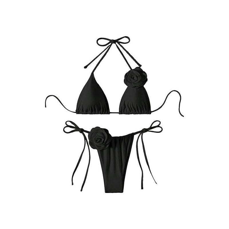 Damen Triangel-Bikini mit verspielten Blütenapplikationen und verstellbaren Bindebändern Drune